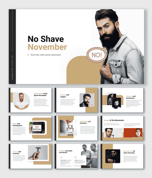 No Shave November slides with beige-white theme, beard images, charity, icons, shapes, volunteers, and text holders.
