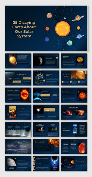 Visual solar system presentation detailing 25 unique facts, featuring planets, stars, and space phenomena on a dark theme.