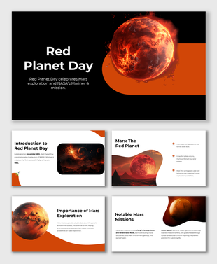 Mars-themed Red Planet Day presentation featuring exploration history, key missions, and planet characteristics.
