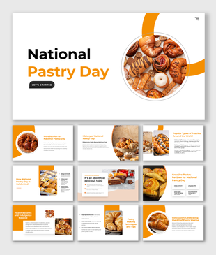 National Pastry Day presentation with sections on pastry history, popular recipes, and tips for balanced indulgence.