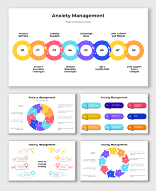 Visual guide for managing anxiety with steps like self-care, regular exercise, sleep, and limiting caffeine and alcohol.