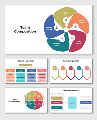 Team Composition slides featuring diagrams on team size, member roles, abilities, diversity, and personality factors.