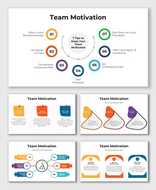 Various infographic slide designs about team motivation with icons, text placeholders, and visually appealing layouts.