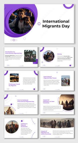 International Migrant Day slides with a purple theme, showing migrant images, history, celebration tips, and global impacts.