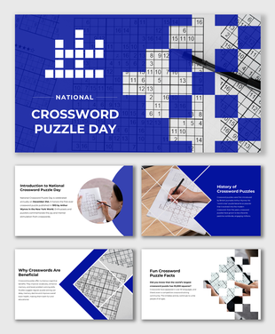 National Crossword Puzzle Day deck with blue accents, crossword grids, history, fun trivia, and benefits of solving puzzles.