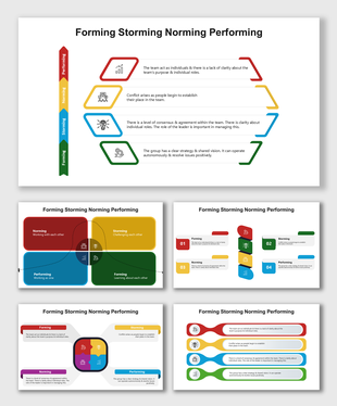 Forming Storming Norming Performing visuals with color-coded parts, icons, and text boxes showing stages of team growth.