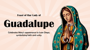 Feast of Our Lady of Guadalupe slide showing Mary in prayer, vivid teal robe, radiant backdrop, symbolizing faith and unity.