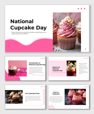 National Cupcake Day slides featuring pink designs, cupcake images, and sections on history, facts, and ways to celebrate.