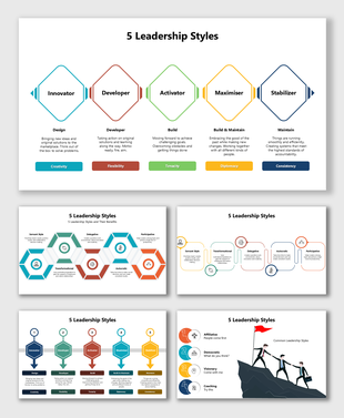 5 Leadership Styles slides with icons, shapes, and vivid colors, explaining distinct styles and their main characteristics.