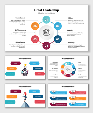 Infographic on Great Leadership showcasing qualities with icons and text holders in a circular format, using bright colors.