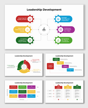 Vivid infographics highlight Leadership Development focus areas like morale, strategic learning, and team contributions.