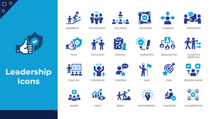 Leadership icons set with symbols for team building, guidance, strategy, and collaboration in a blue and white style.