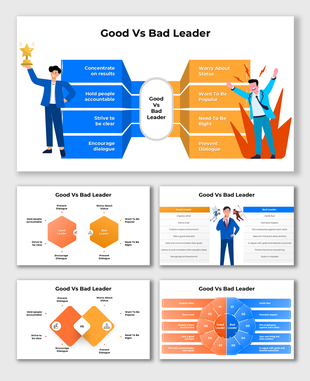 Good vs Bad Leader slides comparing traits with illustrations, text boxes, and diagrams highlighting leadership differences.
