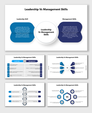 Leadership vs Management skills comparison slides, featuring icons, text boxes, and flow diagrams highlighting key difference