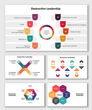 Destructive leadership presentation visuals highlighting harmful practices, using icons, color-coded sections, and text point