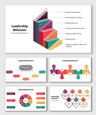 Leadership behavior slides with colorful stair-step diagrams and text emphasizing traits like trust, innovation, and decision