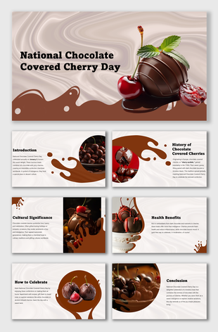 National Chocolate Covered Cherry Day slides with visuals of chocolate cherries, cultural significance, health benefits.