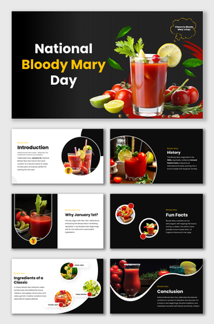 National Bloody Mary Day slides featuring cocktail visuals, history, fun facts, classic ingredients, and celebration.