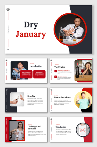 Dry January slides with minimalist design, featuring alcohol-free lifestyle imagery and vibrant red and black elements.