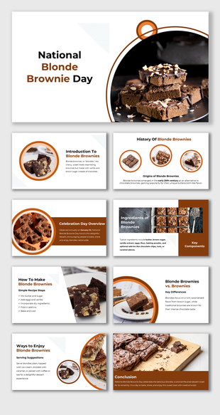 Presentation slides celebrating National Blonde Brownie Day with visuals of recipes, history, and serving suggestions.