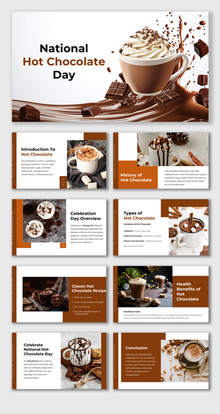 National Hot Chocolate Day presentation showcasing history, recipes, and health benefits in visually engaging slides.