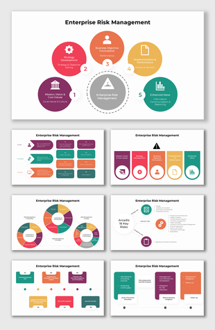 Enterprise Risk Management framework overview with visuals, steps, and colorful diagrams on governance and strategy.