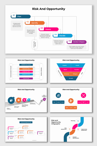 Risk and Opportunity infographic with colorful steps and process flow diagrams for decision-making, strategy planning.