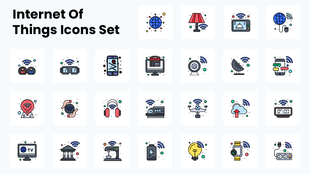 IoT icons showcasing smart devices, wearables, appliances, and cloud connectivity with vibrant colors and wireless visuals.
