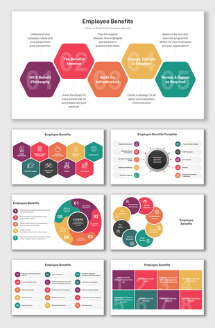 Employee Benefits infographic showcasing steps and key categories like health, rewards, and support initiatives in vibrant.