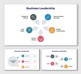 Business leadership infographic highlighting honesty, fairness, community building, and leadership styles with visually.