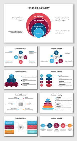 Financial security infographic showcasing budgeting, emergency funds, debt management, and savings strategies in circular.