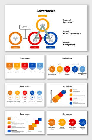 Governance diagram displaying vendor management, client coordination, and data quality processes in vibrant, color-coded.