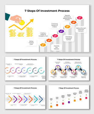 Alt: 7 Steps of Investment Process slide featuring a rising graph of gold coins and hexagonal steps for financial planning presentations.