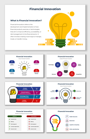 Financial Innovation infographic featuring a lightbulb, coins, and key topics like mobile payments, blockchain.