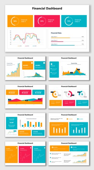 Alt: Financial Dashboard slide showing multicolor bar and line charts, KPI tiles, and circular progress indicators.
