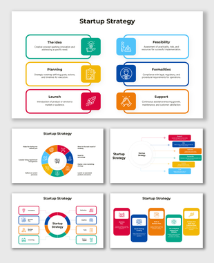 Startup Strategy slides outlining steps from idea generation to market launch with vibrant visuals and structured diagrams.