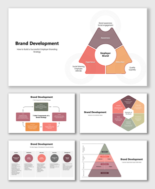 A sleek, professional slide deck showcasing brand development strategies through triangular and hexagonal diagrams.