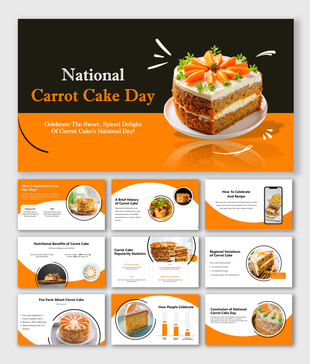 National Carrot Cake Day presentation with vibrant orange design, cake images, and placeholders for history, benefits.
