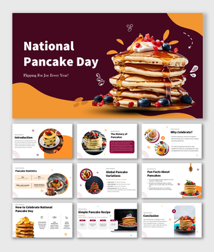 National Pancake Day slide with fluffy pancakes, syrup, toppings, and celebration details, highlighting breakfast joy.