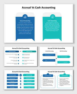 Accrual vs cash accounting slides with comparison charts, key differences, and placeholders for financial insights.
