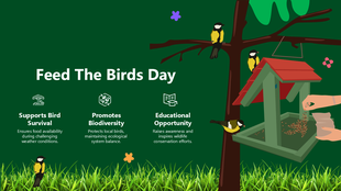 Feed The Birds Day slide with a dark green background, bird feeder, yellow-black birds, grass, icons, and text highlighting.