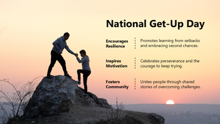 National Get Up Day slide with a sunset background, a man helping a woman climb a rock, bold black text, and structured text.