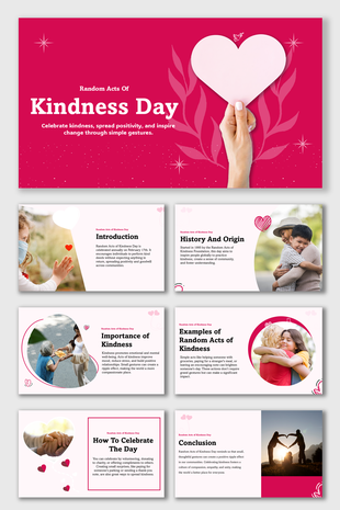 Random Acts Of Kindness Day slide with a pink theme, heart symbols, curved text holders, and images of people kindness.
