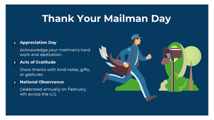 Thank Your Mailman Day slide with a blue background, an illustrated mail carrier running to a mailbox, green trees.