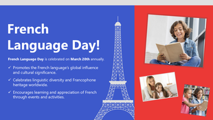 French Language Day slide with blue-red theme, Eiffel Tower, bold text, and images of children reading, promoting language.