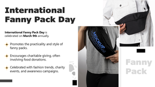 International Fanny Pack Day slide with bold text, vibrant colors, fanny pack icons, and engaging shapes highlighting.
