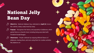 National Jelly Bean Day slide with colorful jellybeans, maroon background, gold stars, and text explaining the candy’s.