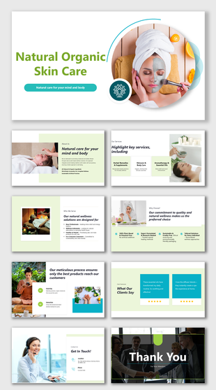 Natural Organic Skin Care slide with spa treatments, herbal remedies, and essential oils in a clean green-themed layout. 