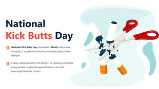 National Kick Butts Day slide with bold text, scissors cutting cigarettes, anti-smoking message, and blue-white background.