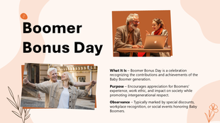 Boomer Bonus Day slide with senior professionals, celebrating Baby Boomers' contributions, achievements, and workplace.